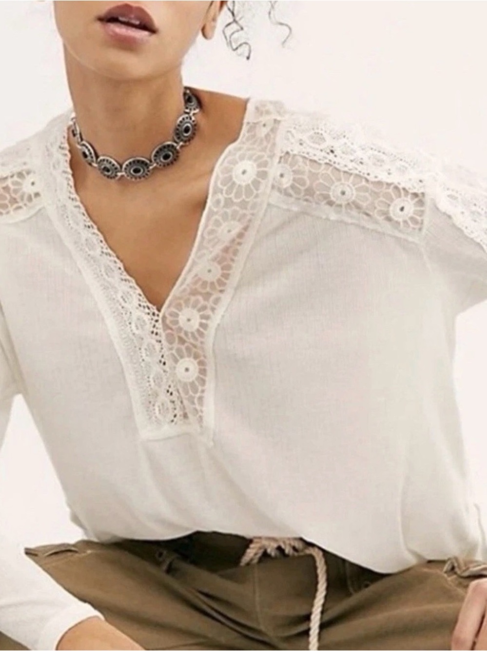 Free People White Lace-Trim V-Neck Long Sleeve Top